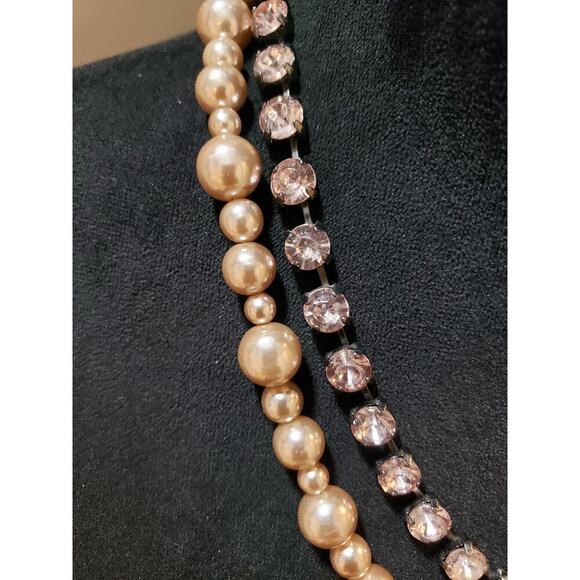 Womens 2 Strand Faux Pearl Rhinestone Trim Bling Chain Necklace w/ Spring Clasp - Picture 5 of 6